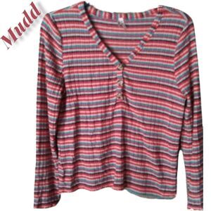Mudd Women's Size XL Colorful Striped 3-Button V-Neck Long Sleeve Top